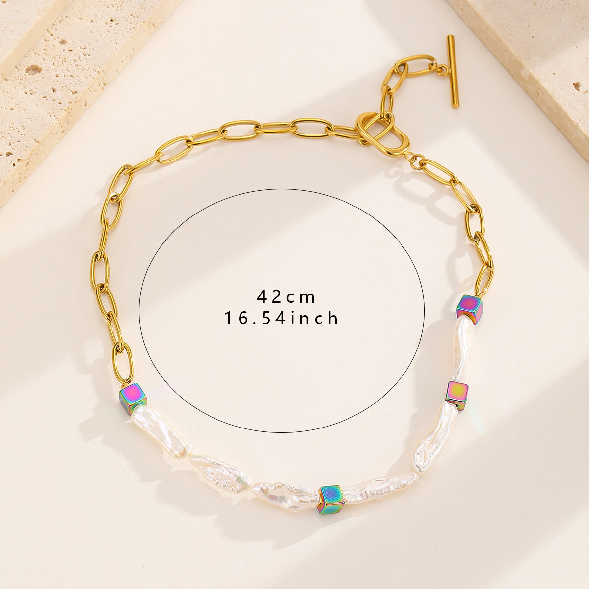 Pearl Chain with Colorful Cubes Necklace