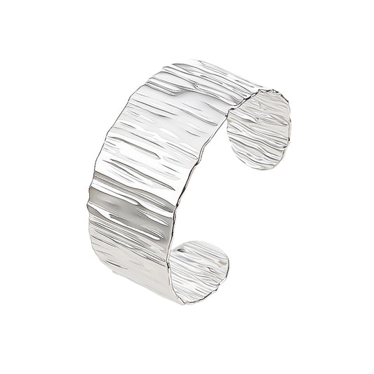 Silver Wide Grooved Cuff Bangle for Women Lady Stainless Steel Shiny Punk Bracelet