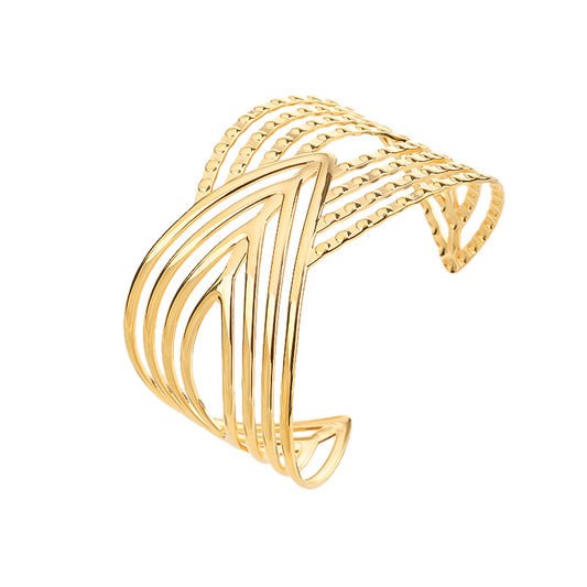 Metal Circle Artistic Hollow Flower Pattern Open End Cuff Bangle Bracelet