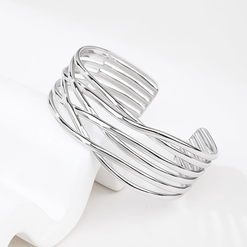 Multi-Layer Cuff Bracelet for Women Cross Wire Bracelets Open Wide Cuff Silver Bangle Bracelet