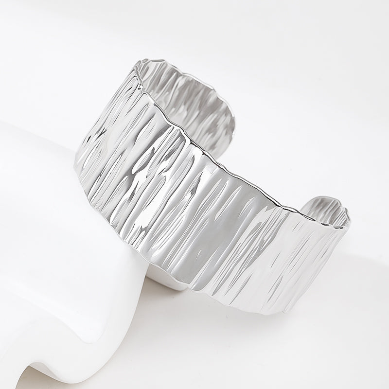 Silver Wide Grooved Cuff Bangle for Women Lady Stainless Steel Shiny Punk Bracelet