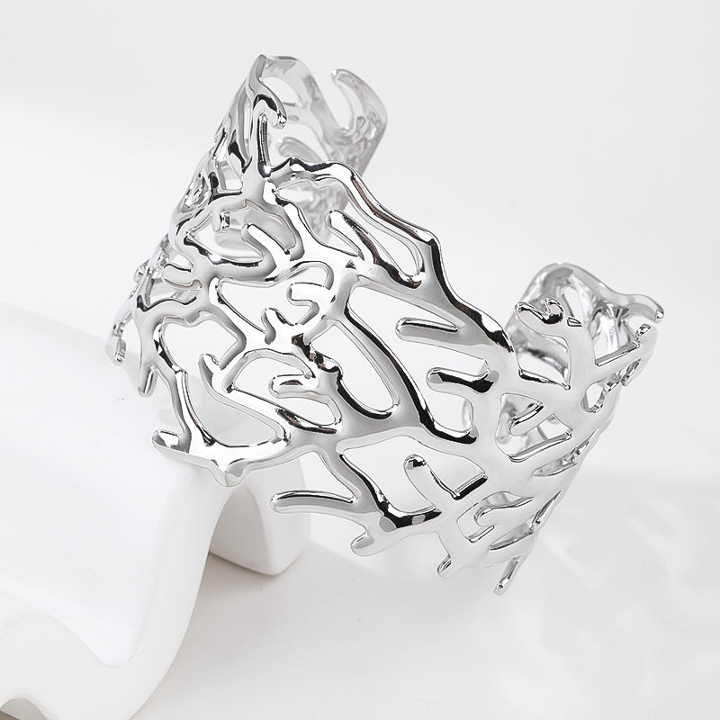 14k Gold Plated Adjustable Open Statement Wide Bangles Double-Layer Hollow Weave Hammered High Polished Irregular Thin Minimalist Trendy Jewelry Gift