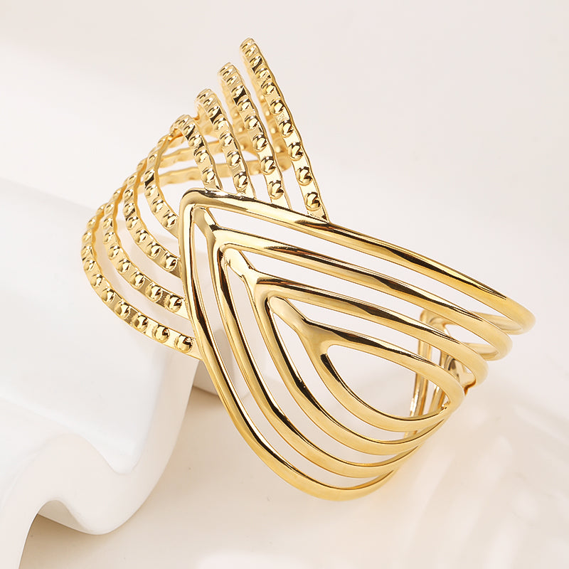 Metal Circle Artistic Hollow Flower Pattern Open End Cuff Bangle Bracelet