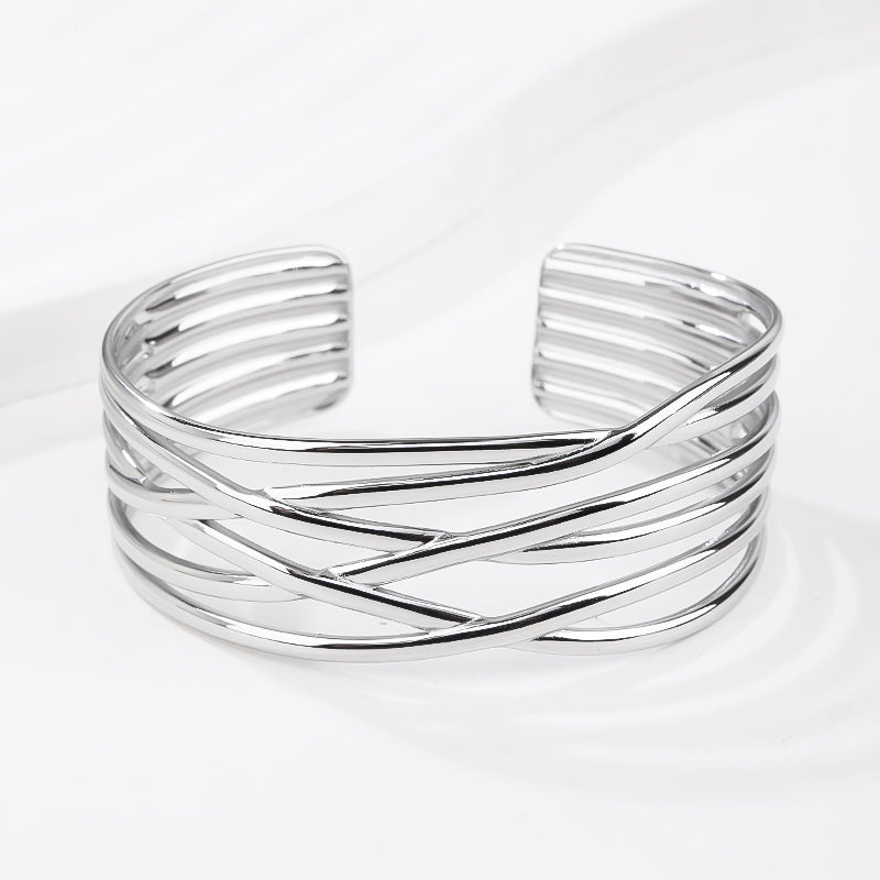 Multi-Layer Cuff Bracelet for Women Cross Wire Bracelets Open Wide Cuff Silver Bangle Bracelet
