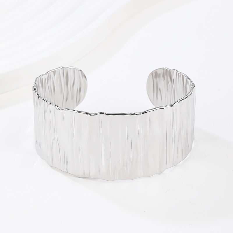 Silver Wide Grooved Cuff Bangle for Women Lady Stainless Steel Shiny Punk Bracelet