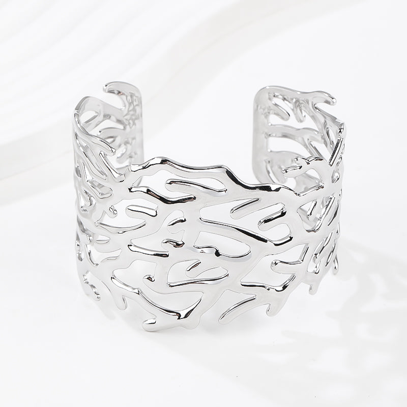 14k Gold Plated Adjustable Open Statement Wide Bangles Double-Layer Hollow Weave Hammered High Polished Irregular Thin Minimalist Trendy Jewelry Gift