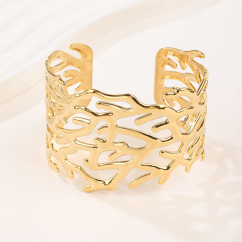 14k Gold Plated Adjustable Open Statement Wide Bangles Double-Layer Hollow Weave Hammered High Polished Irregular Thin Minimalist Trendy Jewelry Gift