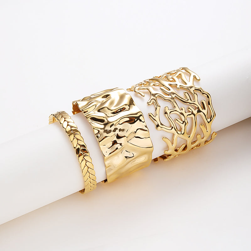 14k Gold Plated Adjustable Open Statement Wide Bangles Double-Layer Hollow Weave Hammered High Polished Irregular Thin Minimalist Trendy Jewelry Gift