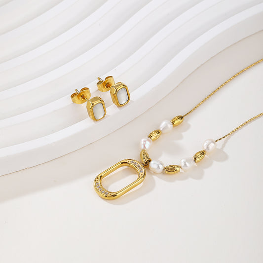 2026 New Arrival Stainless Steel Jewelry Set, Natural Pearl Necklace & Earrings for Women - Hypoallergenic