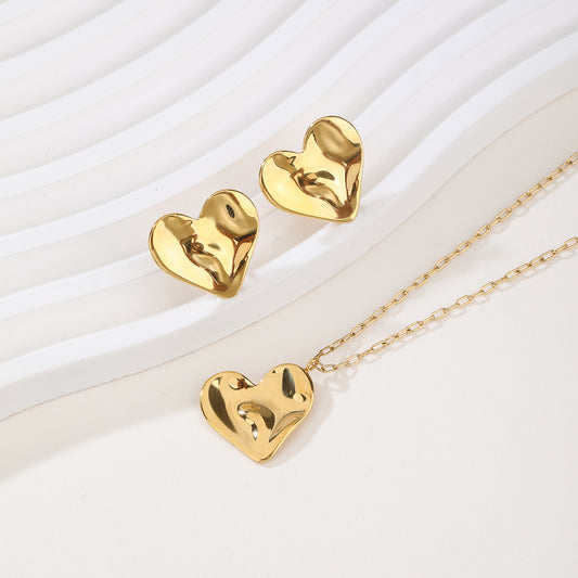 14K Gold Silver Heart Shaped Necklace Shiny Crystal Stud Earrings Wedding Jewelry Set Best Gifts-Gold Set