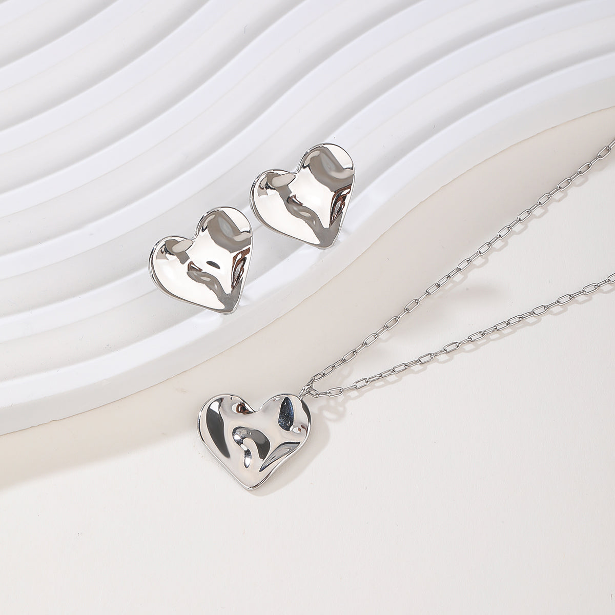 14K Gold Silver Heart Shaped Necklace Shiny Crystal Stud Earrings Wedding Jewelry Set Best Gifts-Gold Set