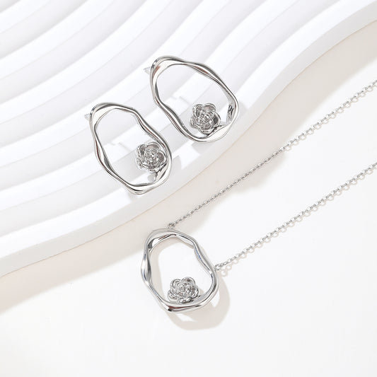 Amazon hot sell women's Sterling Silver Cubic Zirconia Halo Pendant Necklace and Stud Earrings Jewelry Set