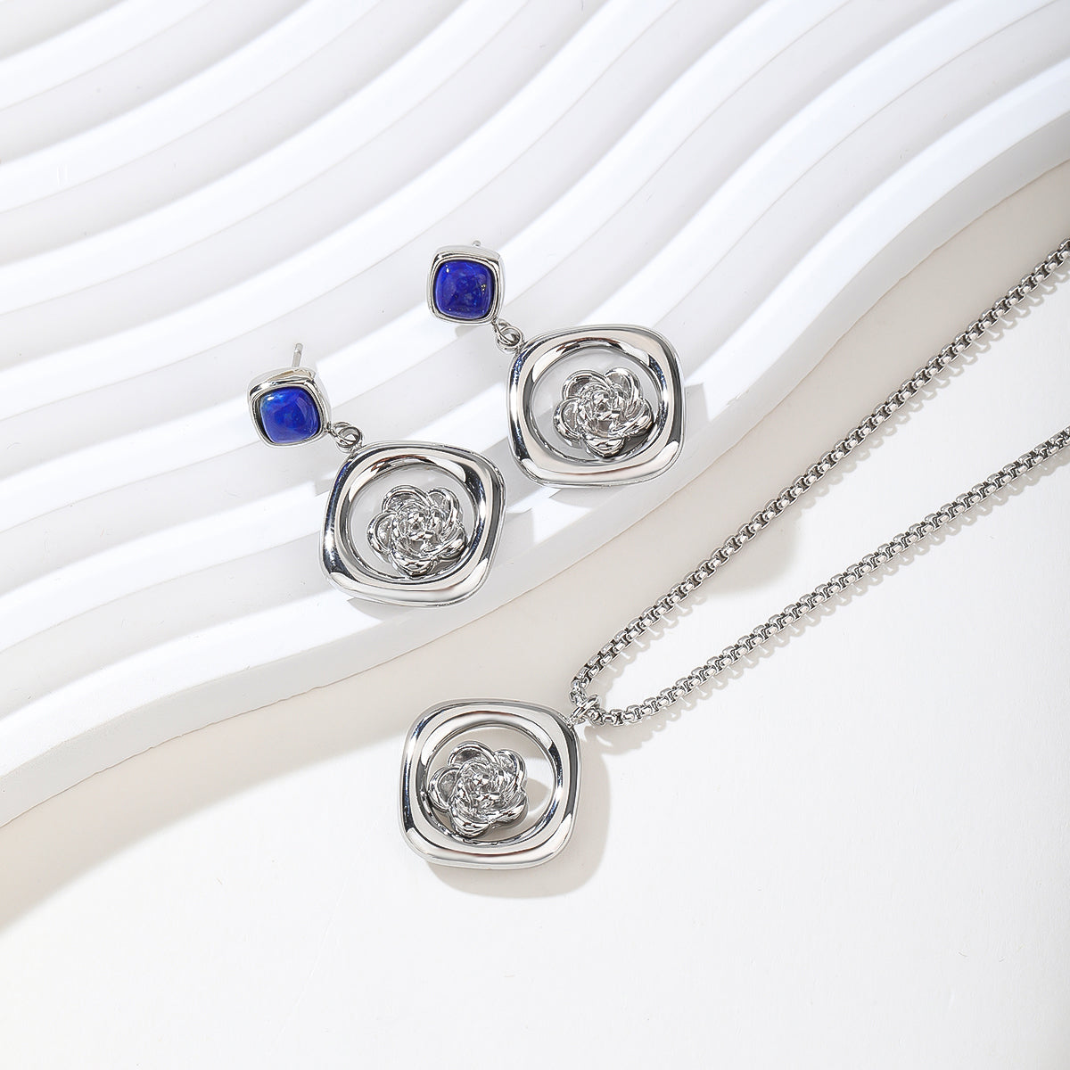 Gem Stone Gold Plated Silver Blue Sapphire and Diamond Pendant and Earrings Jewelry Set For Women