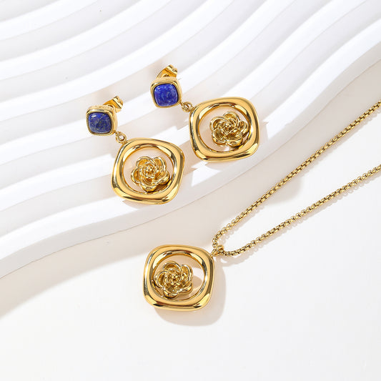 Gem Stone Gold Plated Silver Blue Sapphire and Diamond Pendant and Earrings Jewelry Set For Women