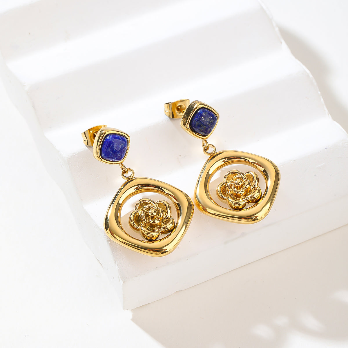 Gem Stone Gold Plated Silver Blue Sapphire and Diamond Pendant and Earrings Jewelry Set For Women