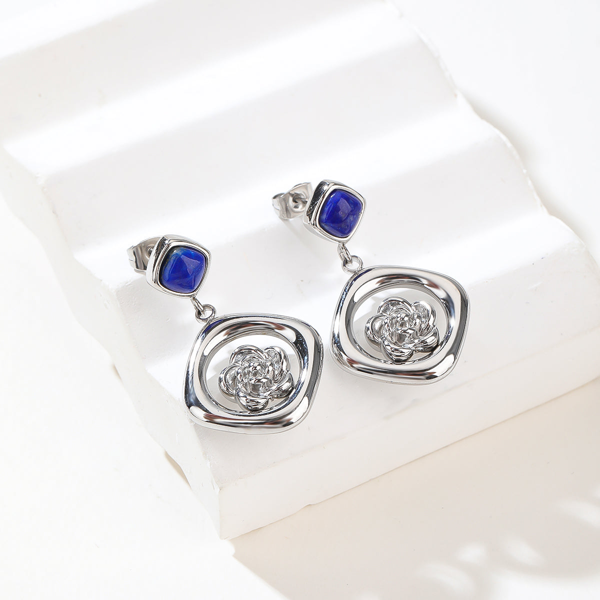 Gem Stone Gold Plated Silver Blue Sapphire and Diamond Pendant and Earrings Jewelry Set For Women