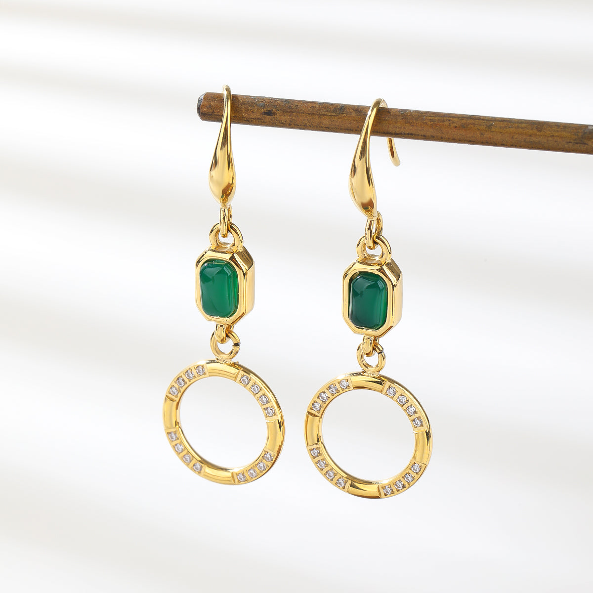 Simple Natural Green Stone Jewelry Set for Women,Hoop Earrings,Necklace,18K Gold-plated Spiritual Gift,Fortunate Stone Jewelry