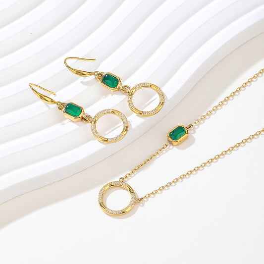 Simple Natural Green Stone Jewelry Set for Women,Hoop Earrings,Necklace,18K Gold-plated Spiritual Gift,Fortunate Stone Jewelry