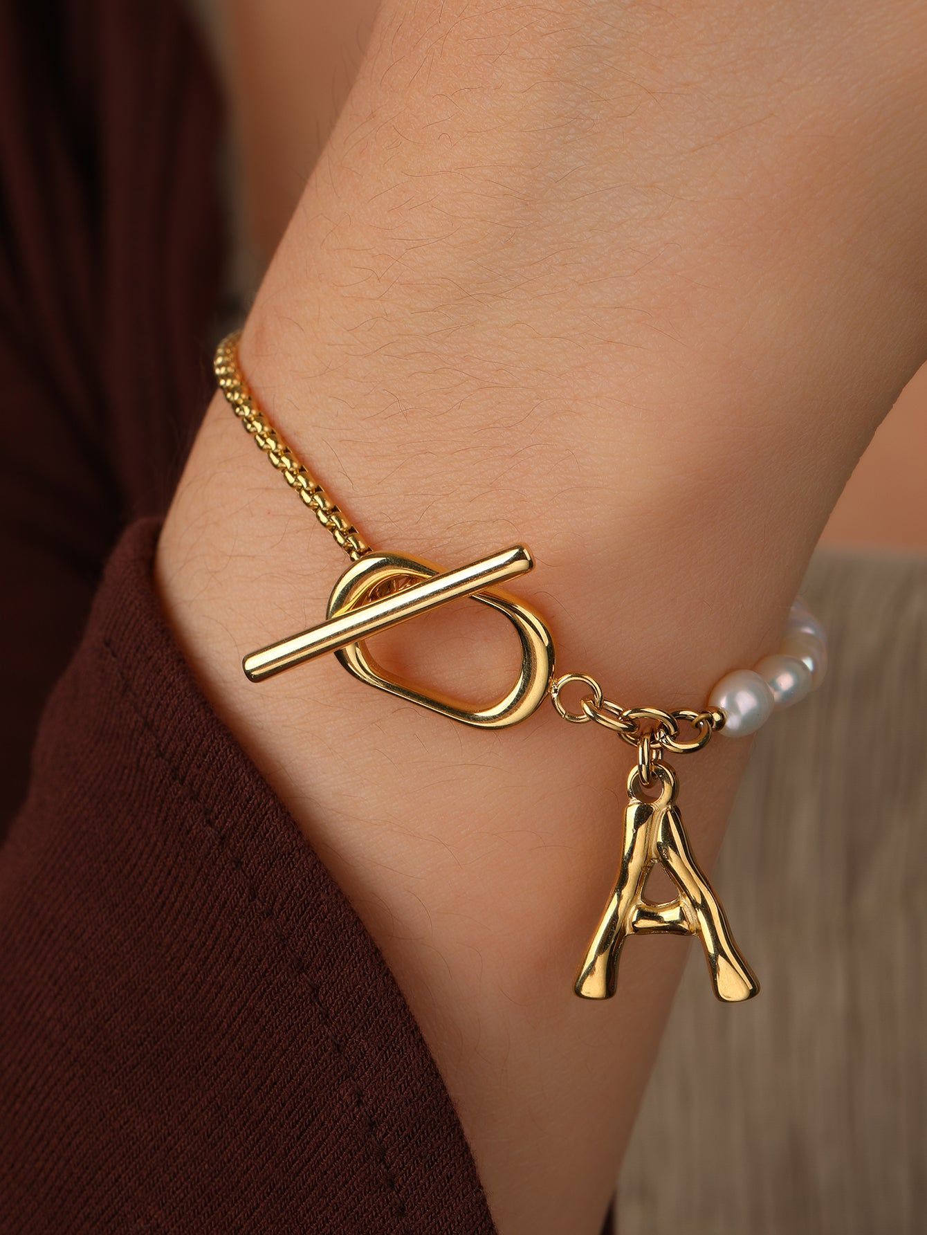 Stunning Pearl & Chain Bracelet Linked With Letter A