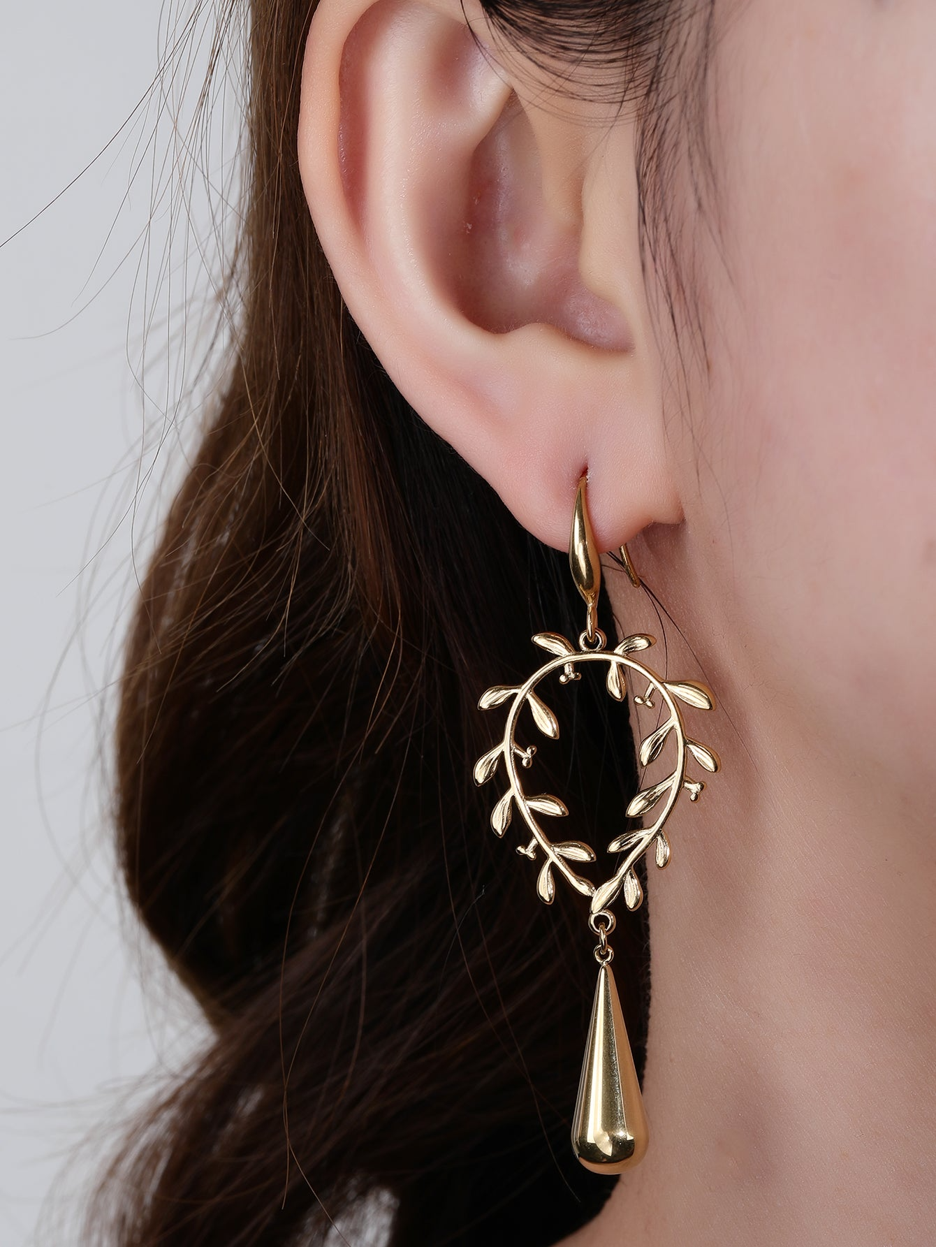 Golden Leaf Earrings With Teardrop Pendant