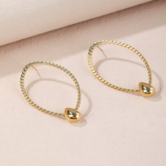 Golden Braided Oval Earrings With Teardrop