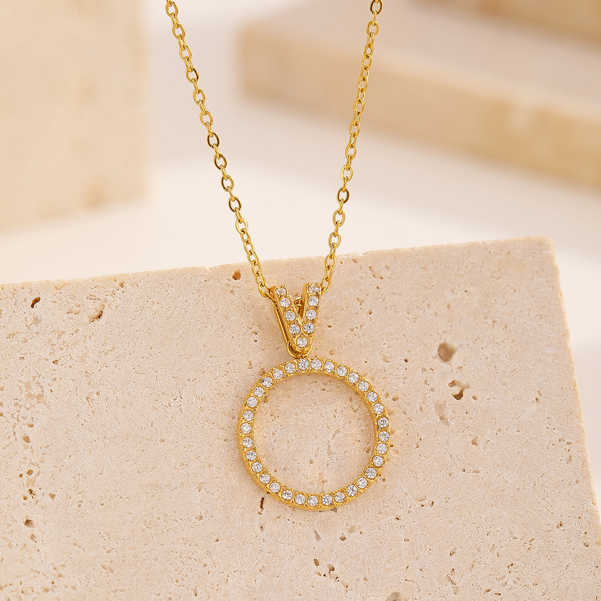 Diamond-Frame Open Circle Pendant Necklace