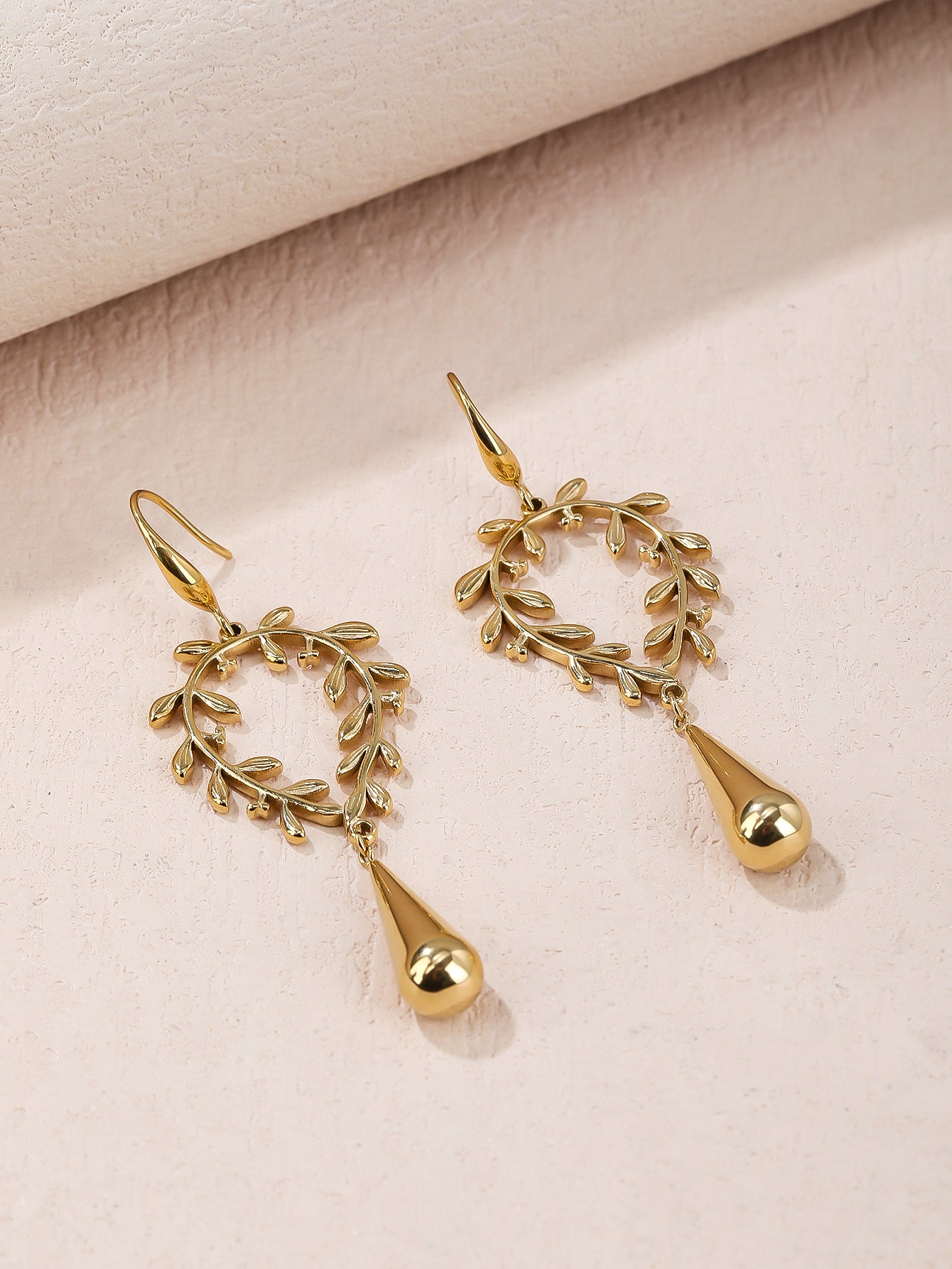 Golden Leaf Earrings With Teardrop Pendant