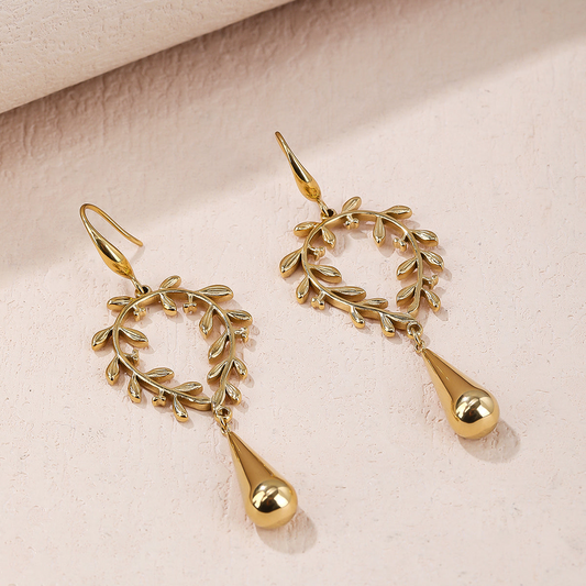 Golden Leaf Earrings With Teardrop Pendant