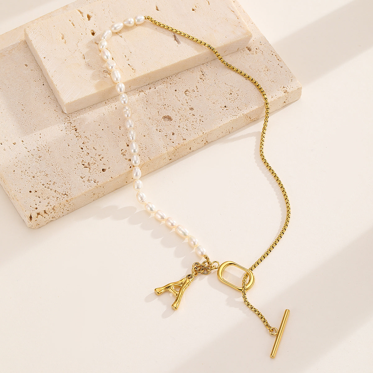 Pearl Chain With Golden A Letter Pendant Necklace