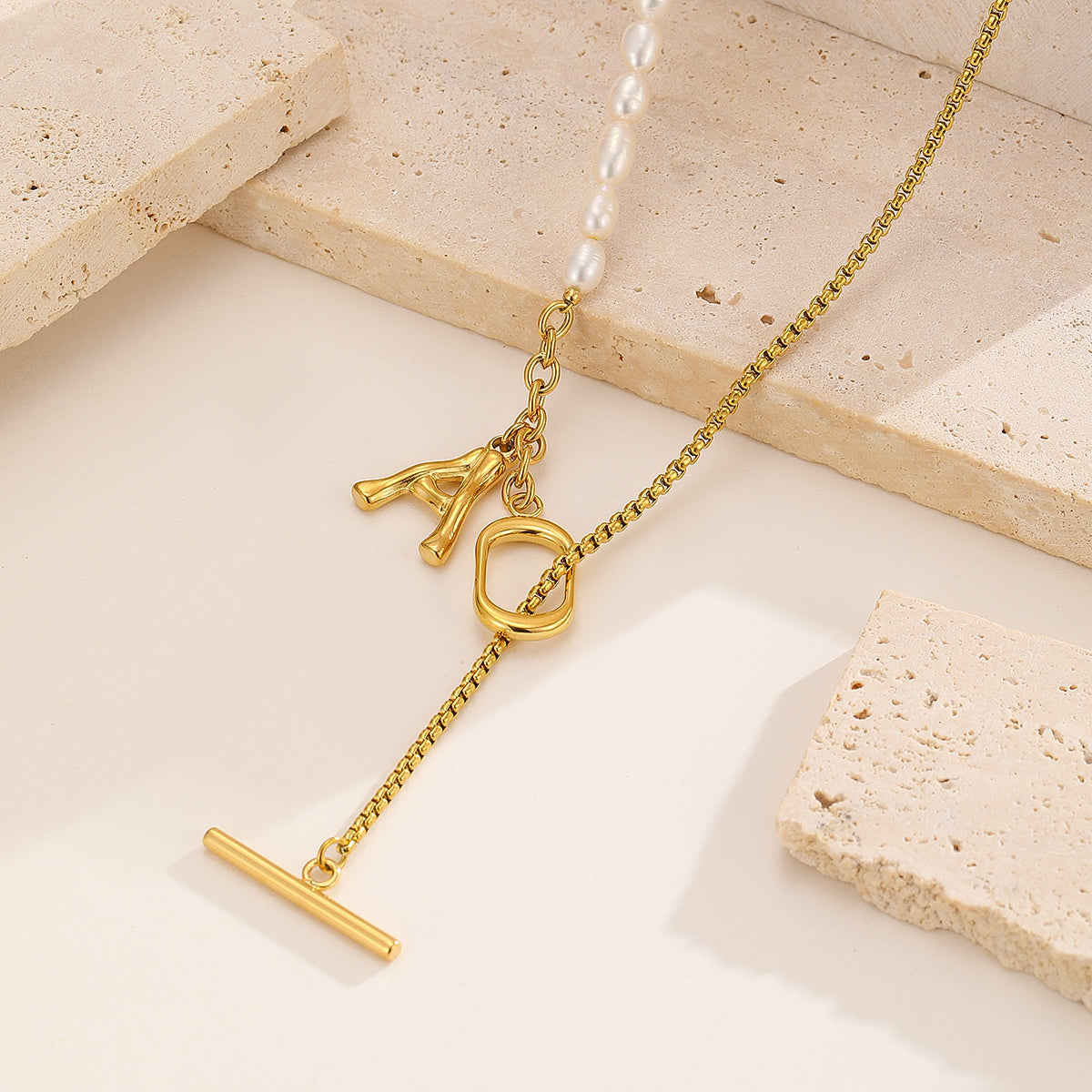 Pearl Chain With Golden A Letter Pendant Necklace