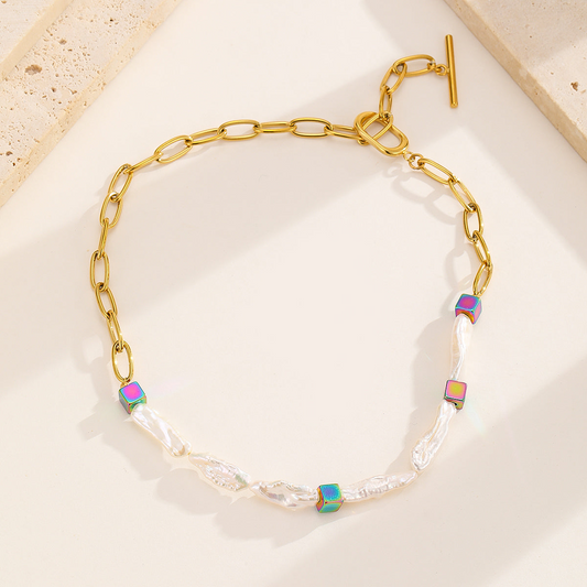 Pearl Chain with Colorful Cubes Necklace