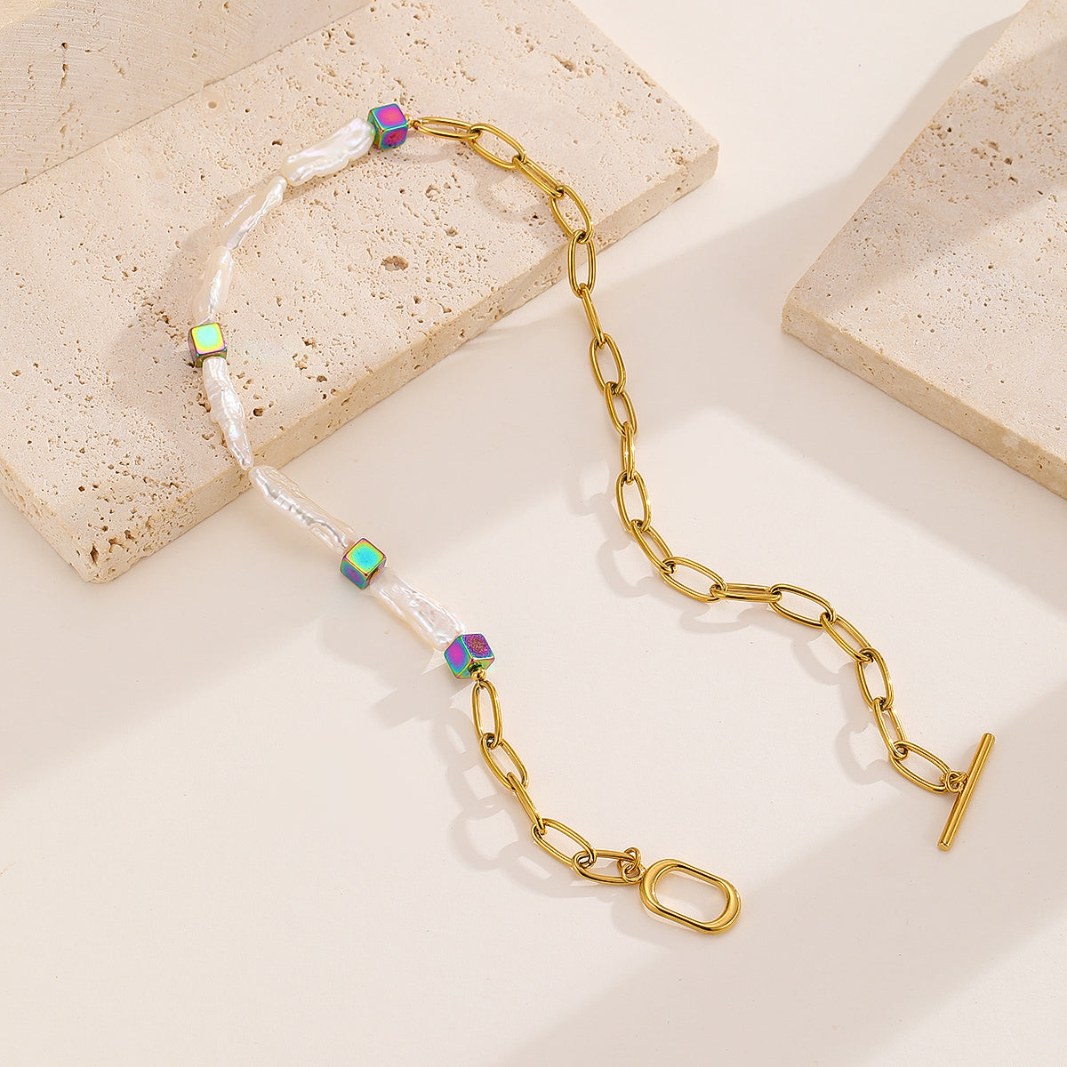 Pearl Chain with Colorful Cubes Necklace