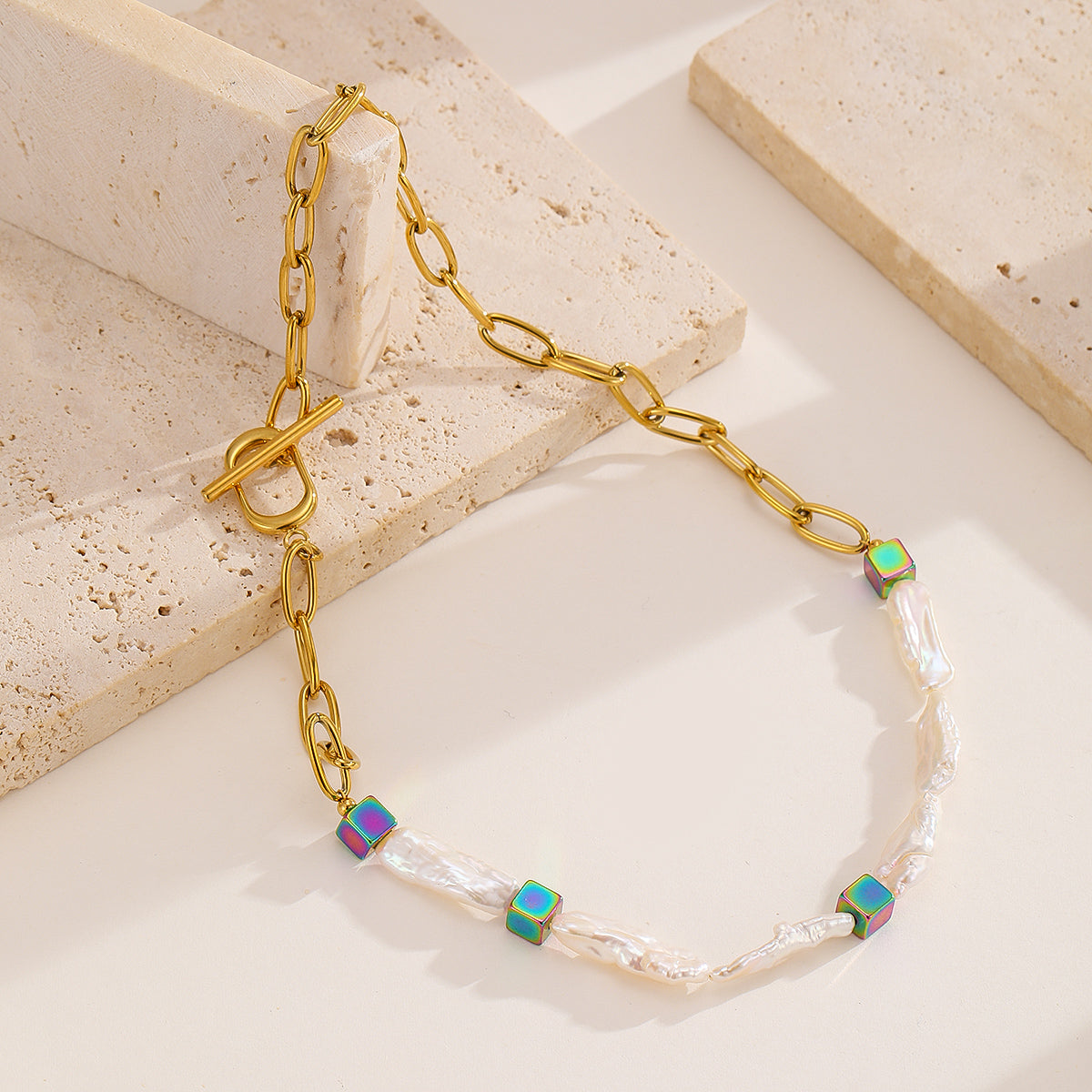 Pearl Chain with Colorful Cubes Necklace