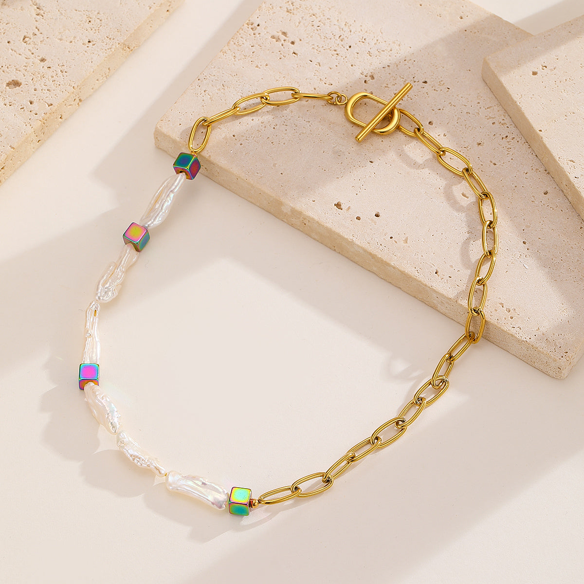 Pearl Chain with Colorful Cubes Necklace