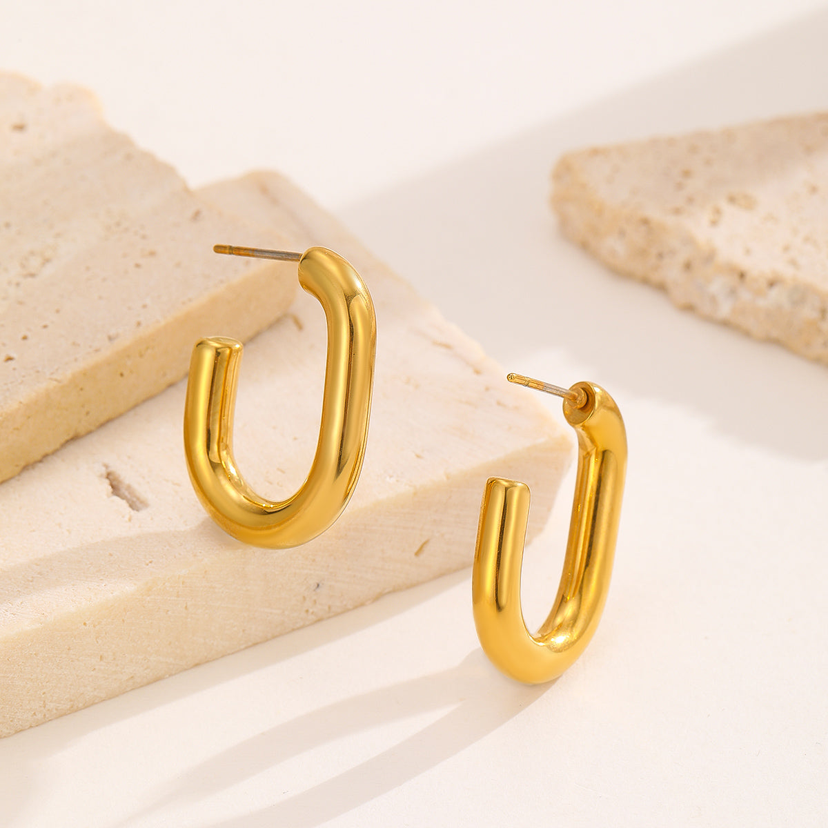 Thick Golden Hoops Open Rectangular Shape Small Size