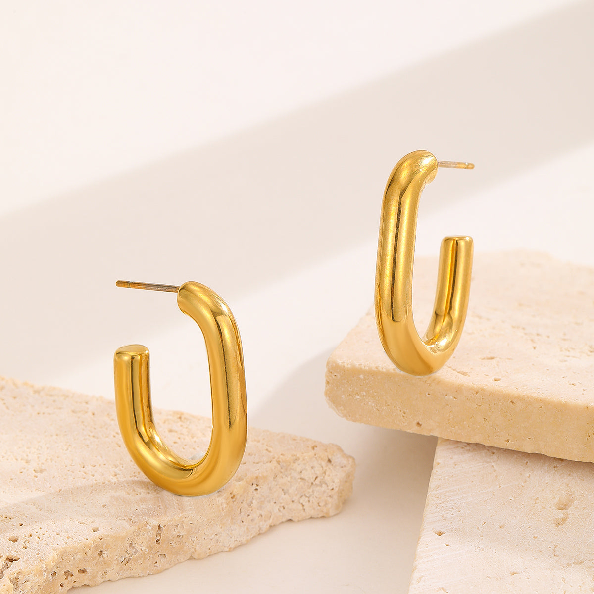 Thick Golden Hoops Open Rectangular Shape Small Size