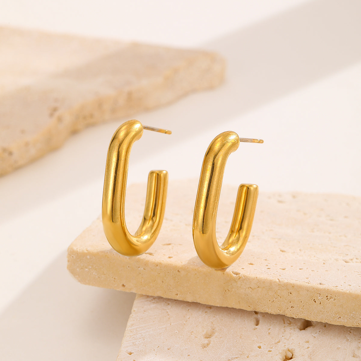 Thick Golden Hoops Open Rectangular Shape Small Size