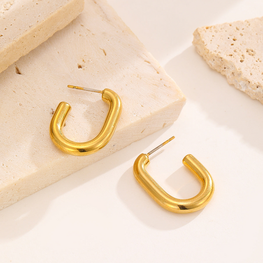 Thick Golden Hoops Open Rectangular Shape Small Size