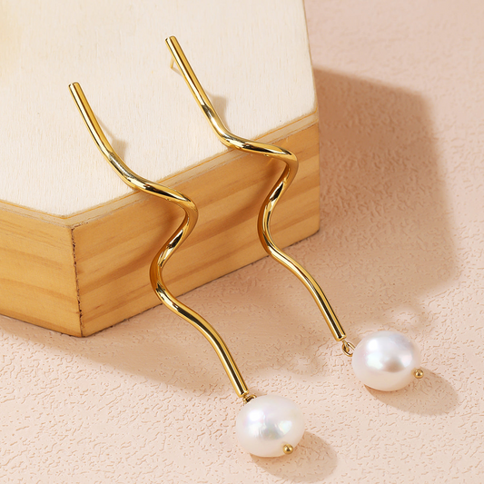 Wavy Sticks With Dropped Pearl Earrings