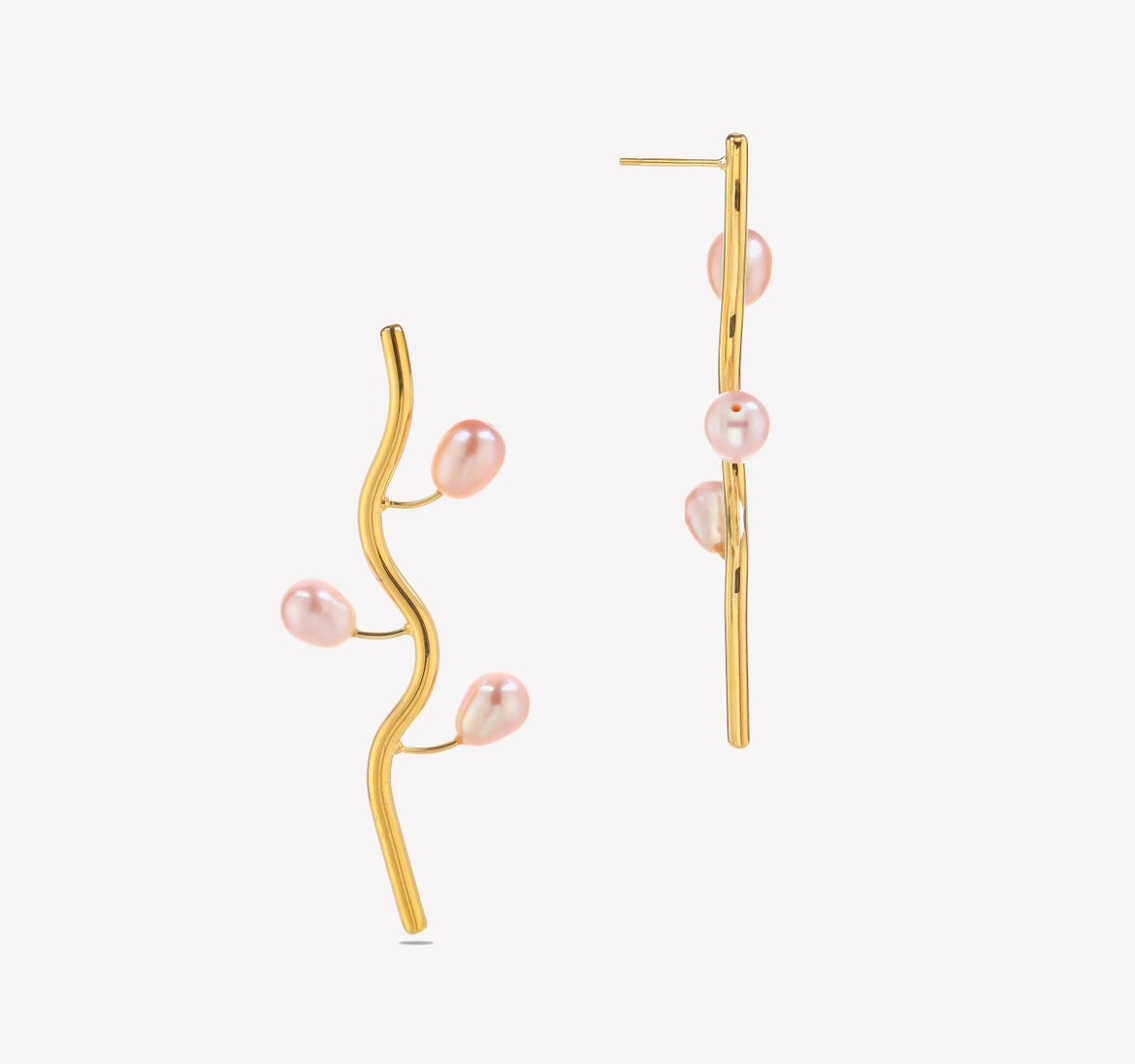 Silhouette Wave Earrings With Golden Rose Pearls